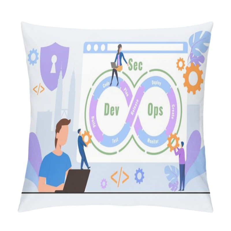 Personality  Vector Illustration Of DevSecOps Methodology Of A Secure Software Development Process Works. Cybersecurity Concept. Pillow Covers