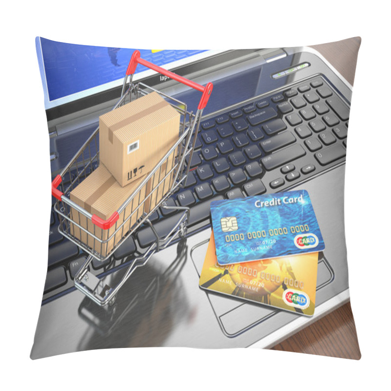 Personality  E-commerce. Shopping Cart And Credit Cards On Laptop. Pillow Covers