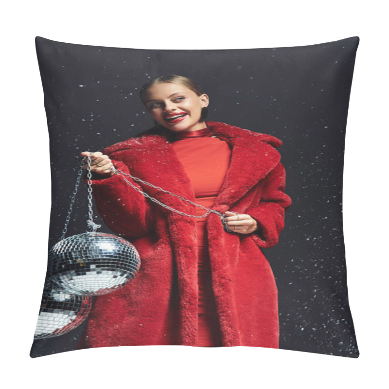 Personality  The Young Woman Radiates Joy, Dressed In A Striking Red Coat, Holding Shimmering Disco Balls. Pillow Covers