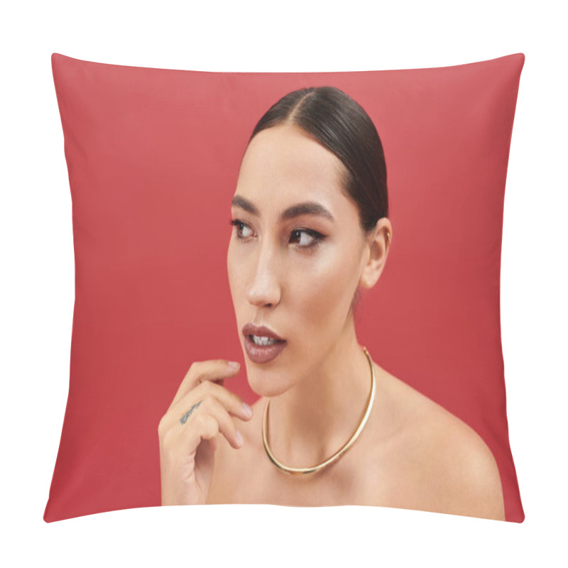 Personality  A Young Woman With A Striking Look Showcases Her Beauty In A Vibrant Red Setting. Pillow Covers