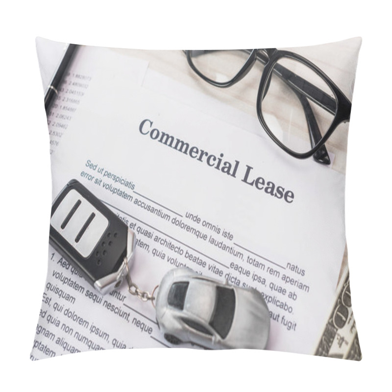 Personality  Top View Of Document With Commercial Lease Lettering Near Toy Car, Money And Glasses Pillow Covers