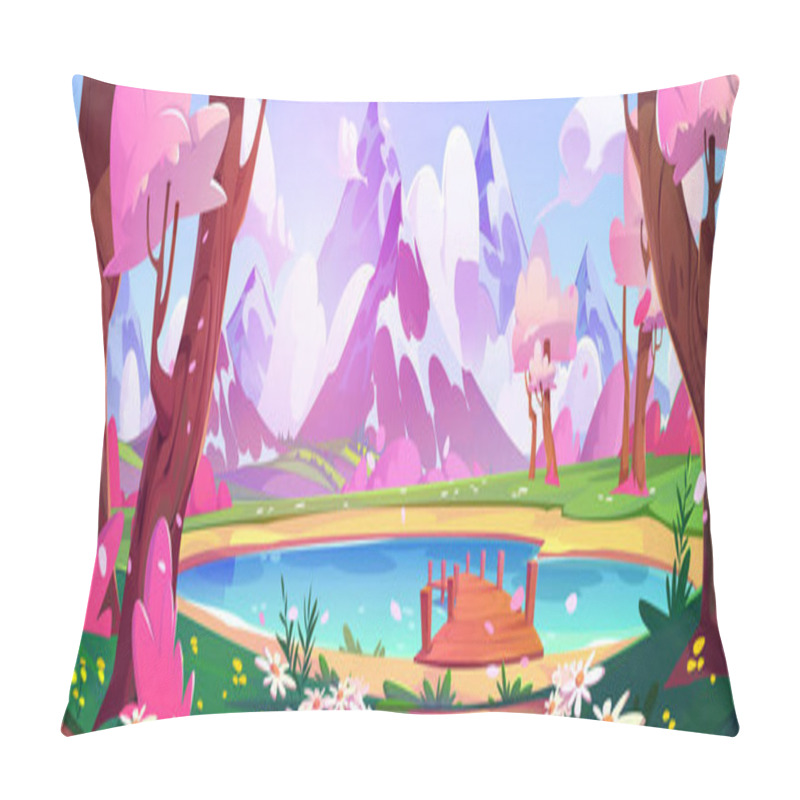 Personality  Pink Blossom Around Lake With Mountain View. Vector Cartoon Illustration Of Wooden Pier On Water, Spring Forest Trees, Flowers And Green Grass In Valley, Glacier On Snowy Peaks, Beautiful Scenery Pillow Covers