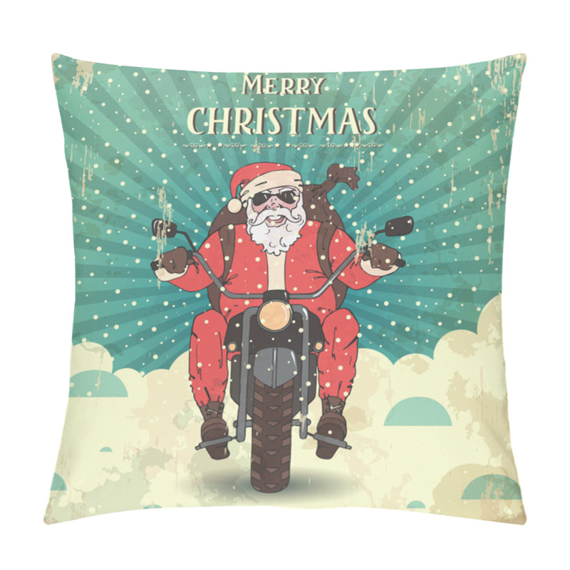 Personality  Vector Santa Claus Ride The Motorcycle With A Backpack Of Gifts. Vector Color Vintage  Illustration . Hand-drawn. Sketch. Santa-biker. Merry Christmas And Happy New Year  Pillow Covers