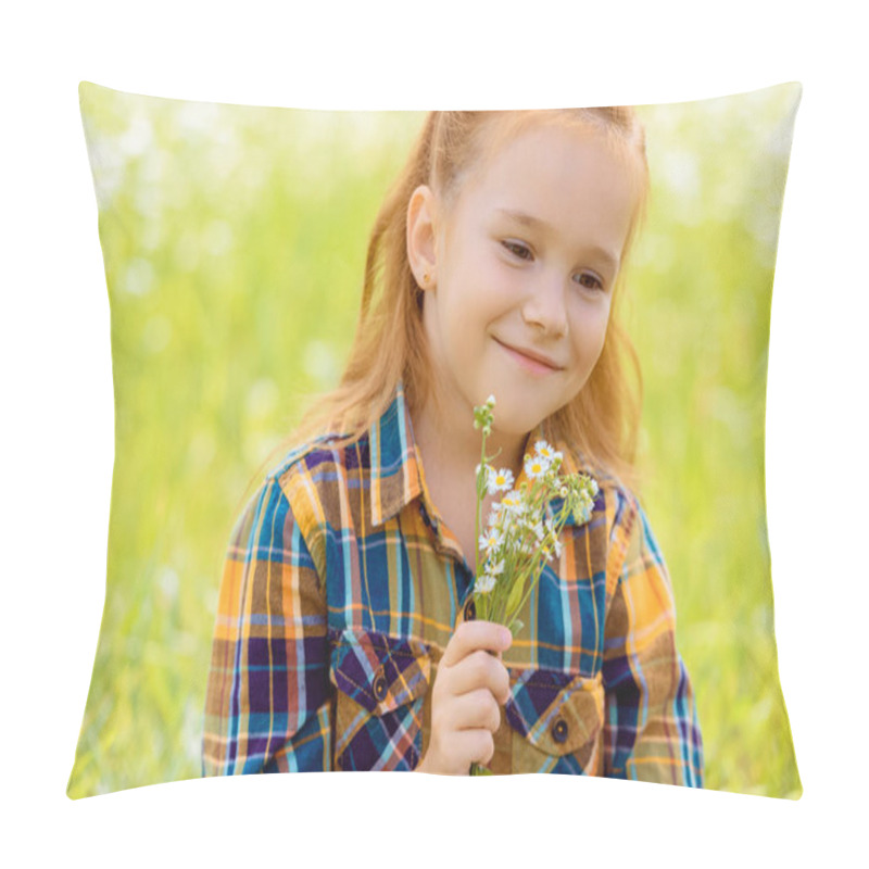 Personality  Portrait Of Smiling Child With Bouquet Of Wild Flowers In Hand Pillow Covers