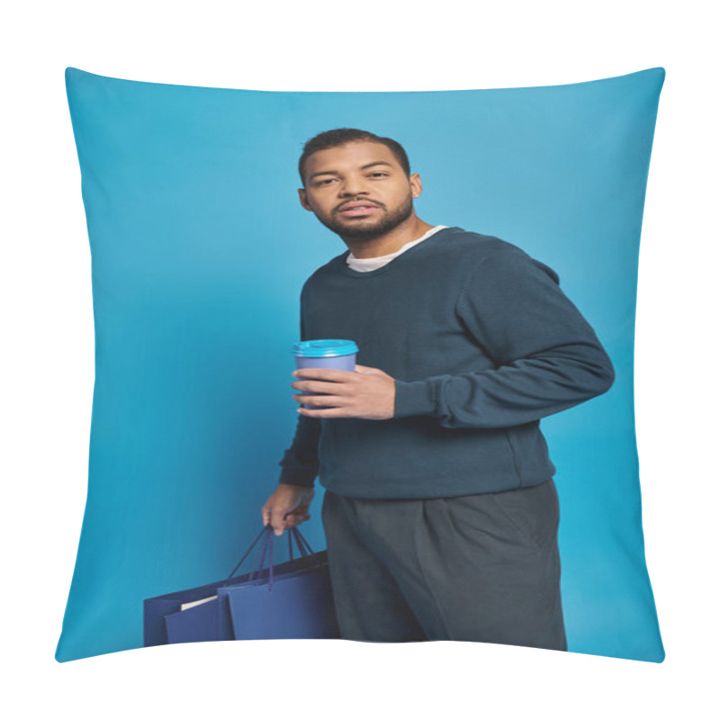 Personality  Charismatic African American Man Standing Sideways And Holding Shopping Bags With Paper Cup In Hand Pillow Covers