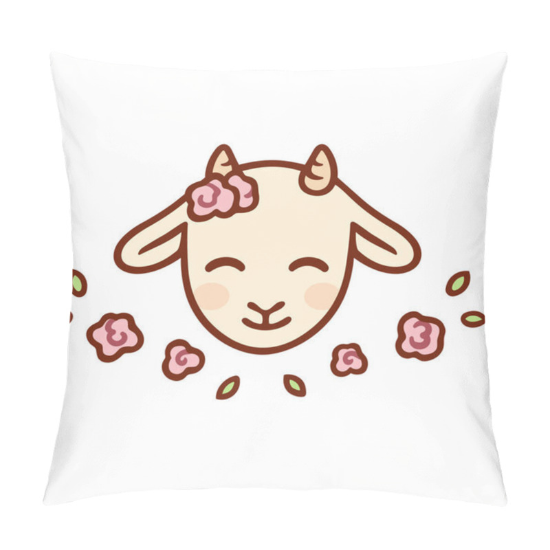 Personality  Cute Cartoon Baby Goat Face With Flowers. Kawaii Farm Animal, Isolated Clip Art Vector Illustration. Pillow Covers