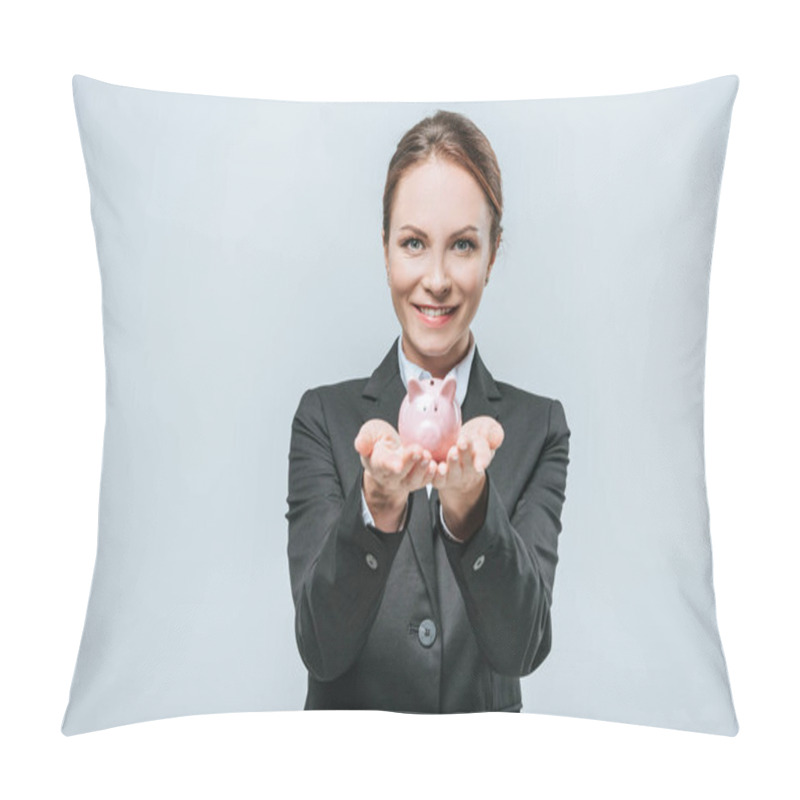 Personality  Smiling Financier Holding Piggy Bank Isolated On Grey Pillow Covers