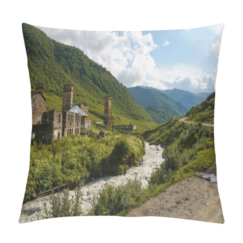 Personality  Old Weathered Buildings Against Small River Stream Against Hills, Ushguli, Svaneti, Georgia Pillow Covers