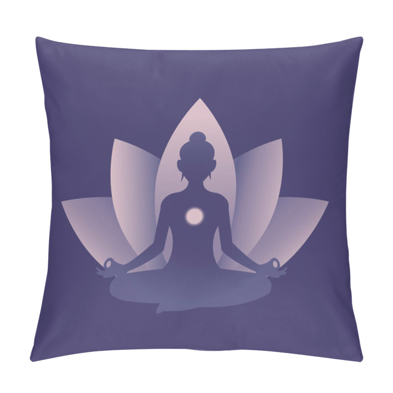 Personality  Girl Doing Yoga In The Lotus Position On Lotus Flower Background. Vector Illustration. Gradient Flat Illustration. Chakra Concept. Woman. Purple Pillow Covers