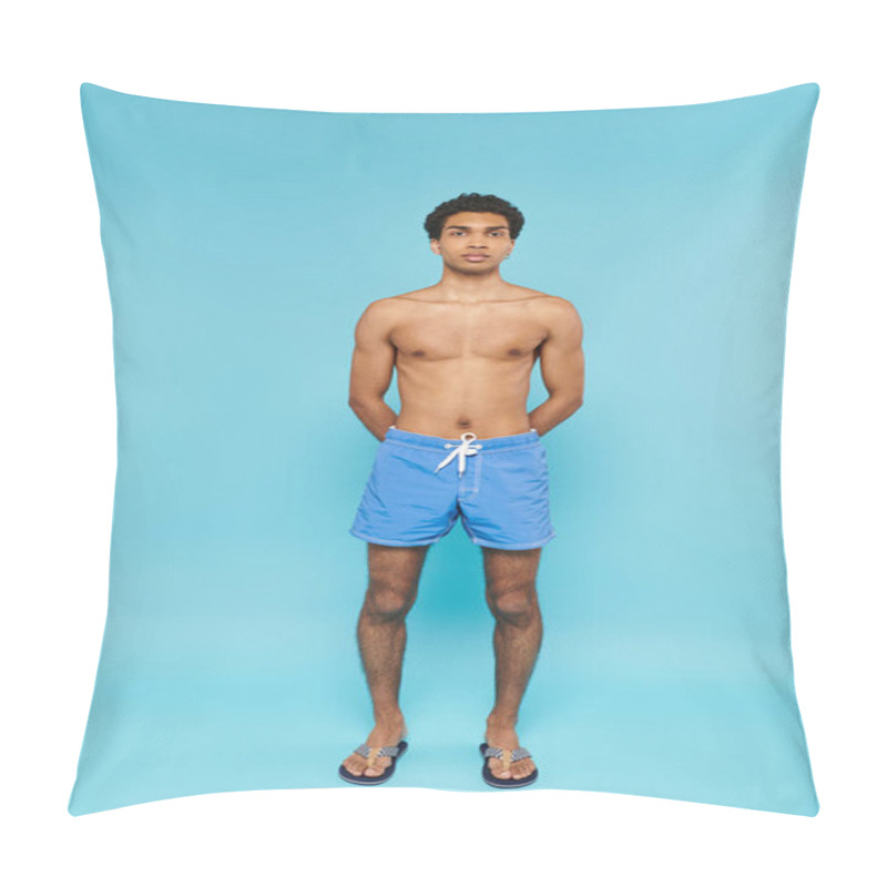 Personality  Handsome Young African American Man In Blue Swimming Trunks Looking At Camera On Blue Backdrop Pillow Covers