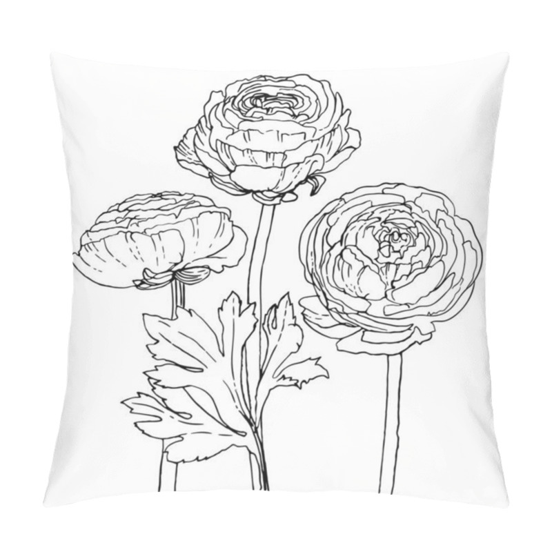 Personality  Ranunculus. Flowers Drawn By A Line On A White Background. Vector Sketch Of Garden Flowers Vintage Pillow Covers