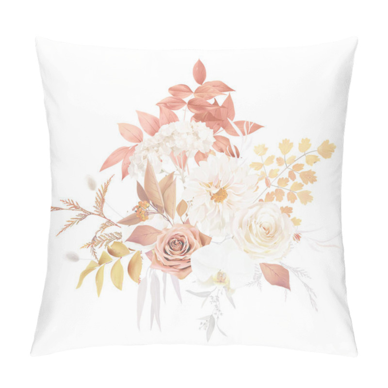 Personality  Red, Rust, Beige, White Flowers, Brown Rose,white Dahlia, Orchid, Hydrangea Flower, Fall Grass, Fern, Dried Leaves, Lagarus Vector Design Bouquet. Orange And Yellow. Elements Are Isolated And Editable Pillow Covers