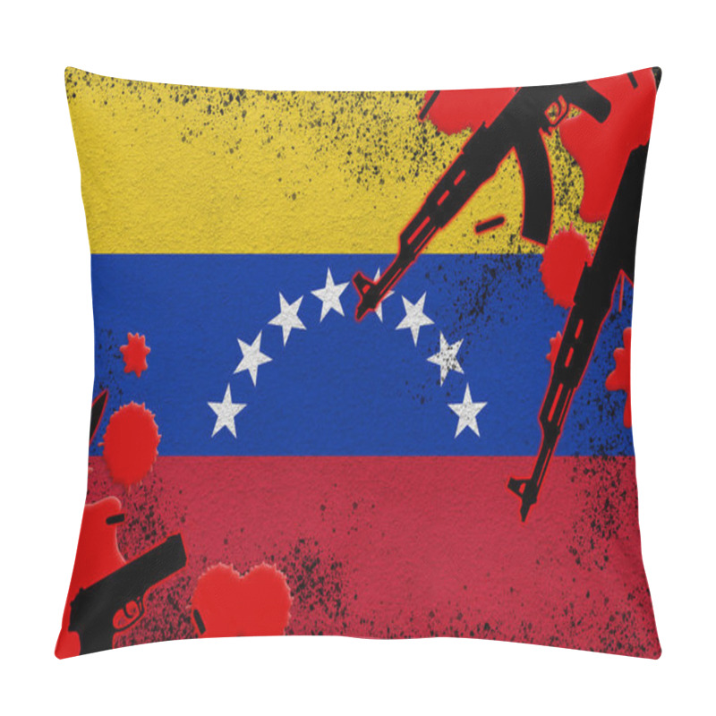 Personality  Venezuela Flag And Guns In Red Blood. Concept For Terror Attack And Military Operations. Gun Trafficking Pillow Covers