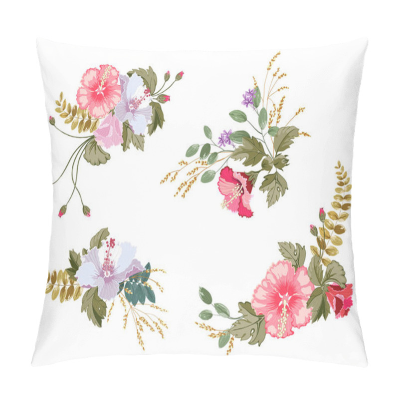 Personality  Set Of Floral Bouquet Of Hibiscus Flowers And Tropical Leaves On White Background. Pillow Covers