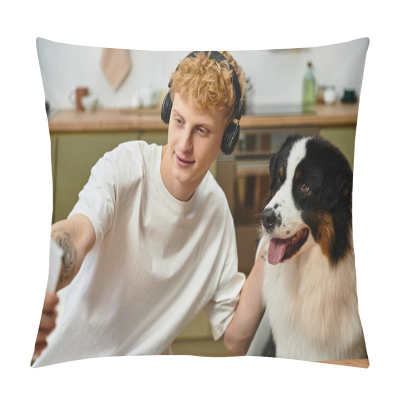 Personality  A Young Man With Red Hair Is Taking Selfies With His Australian Shepherd In Their Modern Apartment. Pillow Covers