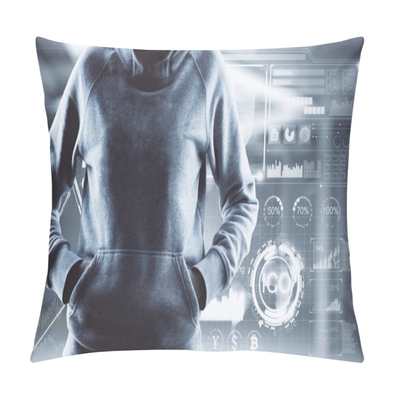 Personality  Criminal With Glowing Business Hologram On Blurry Office Interior Background. Malware And Hacking Concept. Double Exposure  Pillow Covers