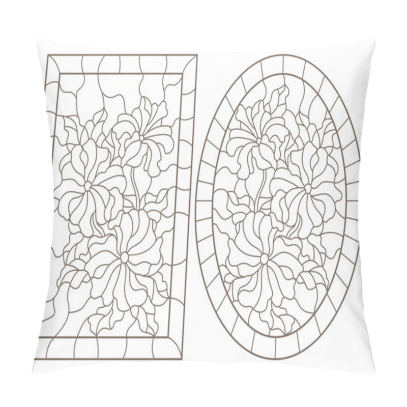 Personality  A Set Of Contour Illustrations Of Stained Glass With Flowers, Oval And Rectangular Image In The Frame, Dark Contours On A White Background Pillow Covers