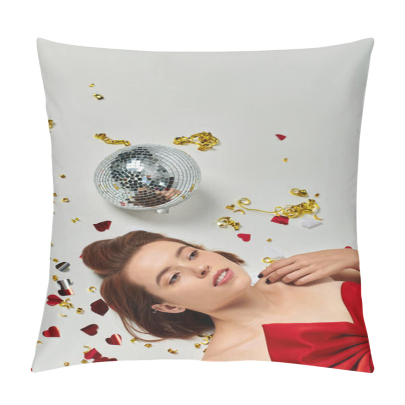 Personality  New Year Party, Young Brunette Woman Lying On Floor Near Confetti And Disco Ball On Grey Backdrop Pillow Covers