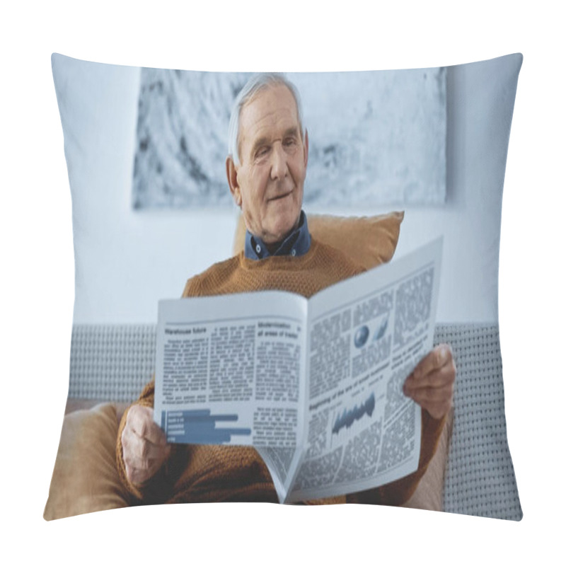 Personality  Senior Man Sitting On Sofa And Reading Newspaper At Home Pillow Covers