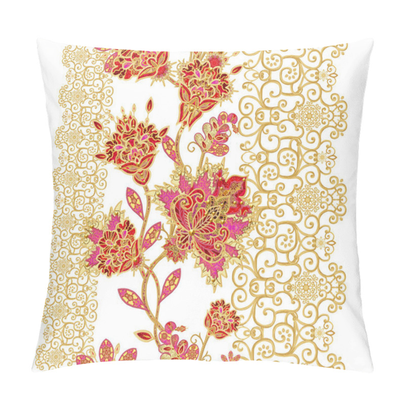 Personality  Seamless Pattern. Golden Textured Curls. Brilliant Lace, Stylized Flowers. Openwork Weaving Delicate, Golden Background, Paisley. Pillow Covers