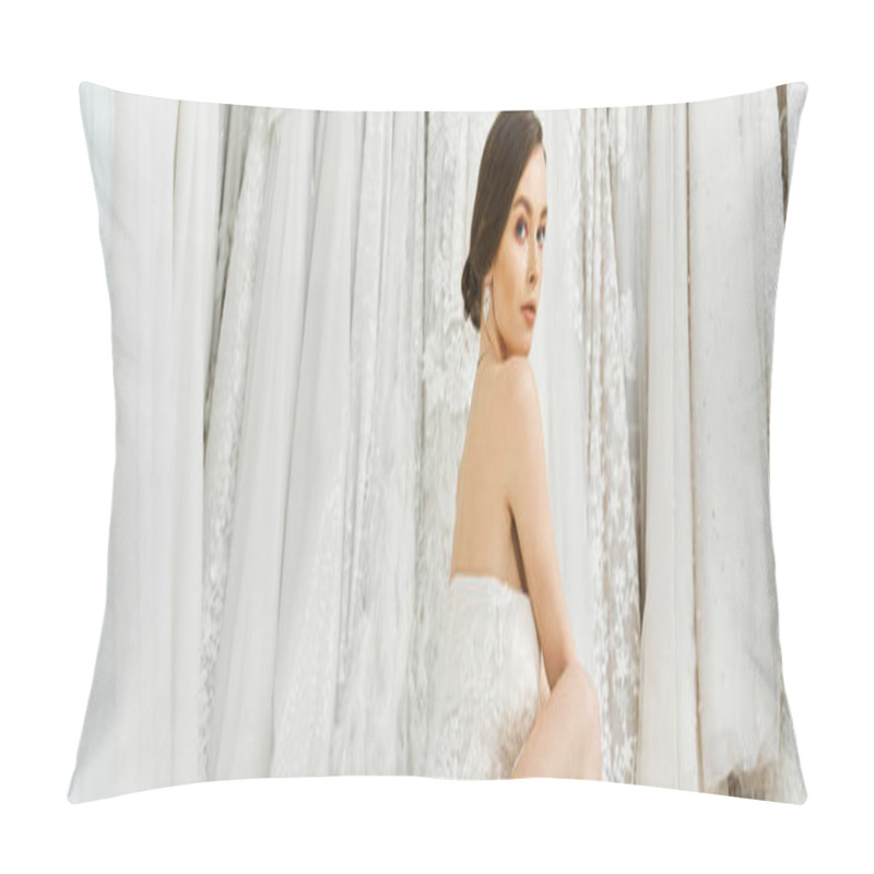 Personality  A Young Brunette Bride Poses Elegantly In A White Dress In A Wedding Salon, Exuding Charm And Grace. Pillow Covers