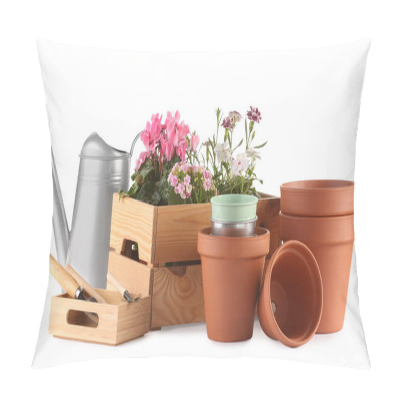 Personality  Beautiful Flowers, Pots And Gardening Tools Isolated On White Pillow Covers