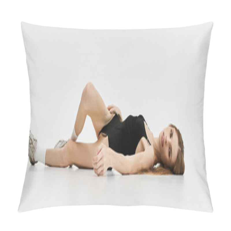 Personality  A Young Woman Lies On A Plain Background, Portraying Her Struggle With Anorexia And Beauty. Pillow Covers