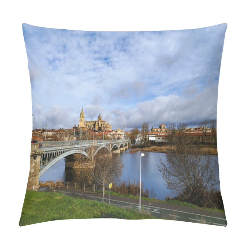 Personality  Salamanca. View Of Salamanca And The Enrique Estevan Bridge From The Dock Viewing Point Over The Tormes River. Traditional Stone Buildings. Salamanca Cathedral. SALAMANCA, SPAIN. 13 JANUARY 2025. Pillow Covers