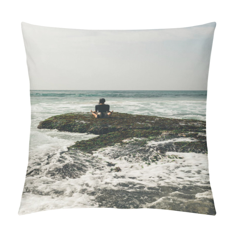 Personality  Young Woman Meditating At The Seaside Cliff Edge Facing The Coming Strong Sea Waves Pillow Covers