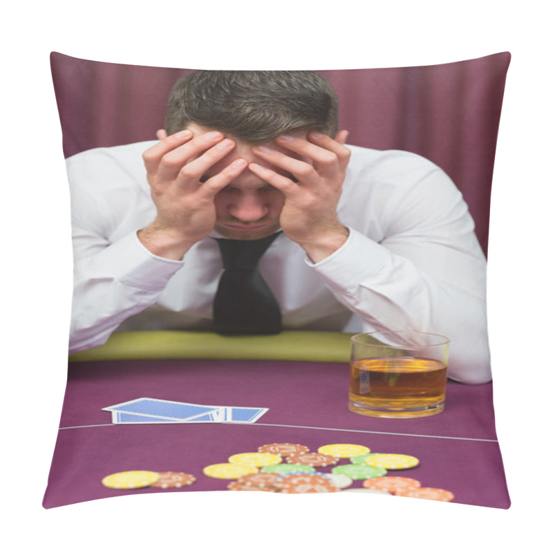 Personality  Man Leaning On Poker Table Looking Worried Pillow Covers