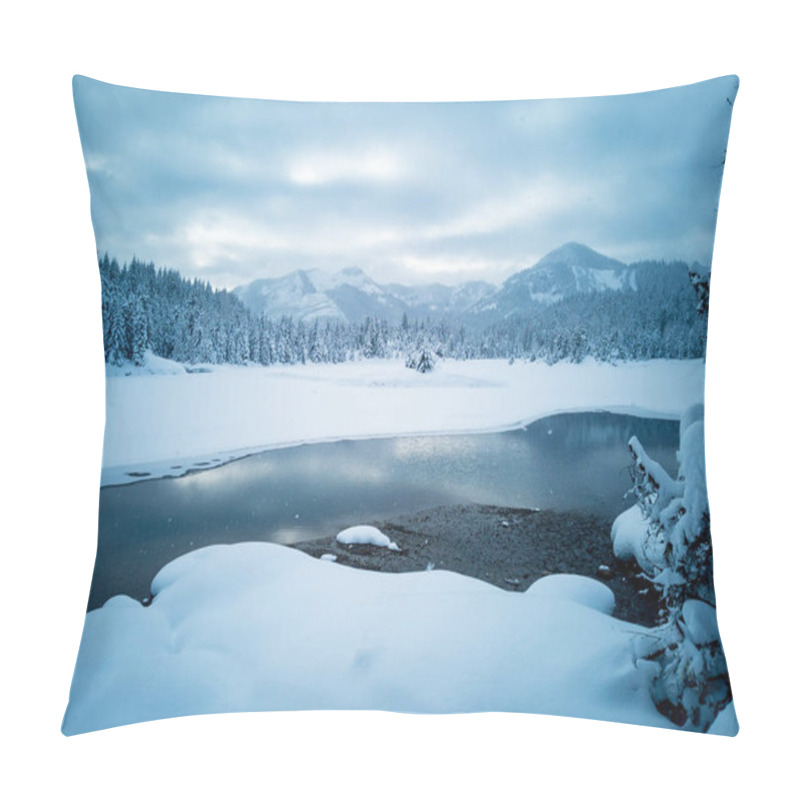 Personality  Snow Covered Frozen Beautiful Gold Creek Pond With Snow Covered Trees And Trail During The Winter In The Alpine Lakes Wilderness In Kittitas County Washington State Pillow Covers