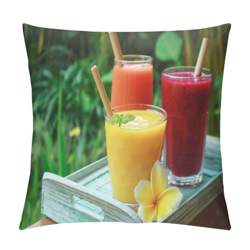 Personality  Dragon Fruit, Papaya And Mango Smoothies In Glasses With Bamboo Drinking Straws And Fresh Tropical Fruits  Outdoor Pillow Covers