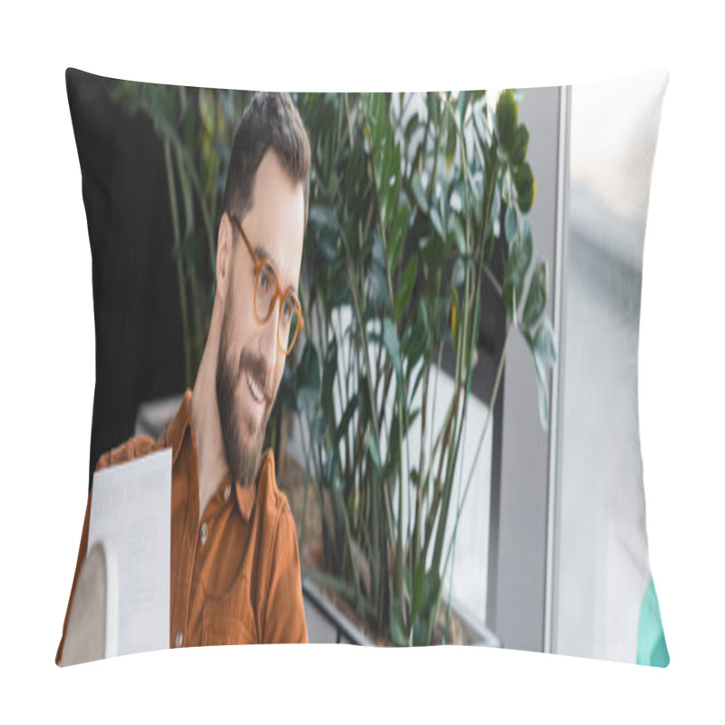 Personality  Brunette Bearded Businessman In Fashionable Eyeglasses And Shirt Smiling Near Document And Green Decorative Plants In Contemporary Office On Blurred Background, Banner Pillow Covers