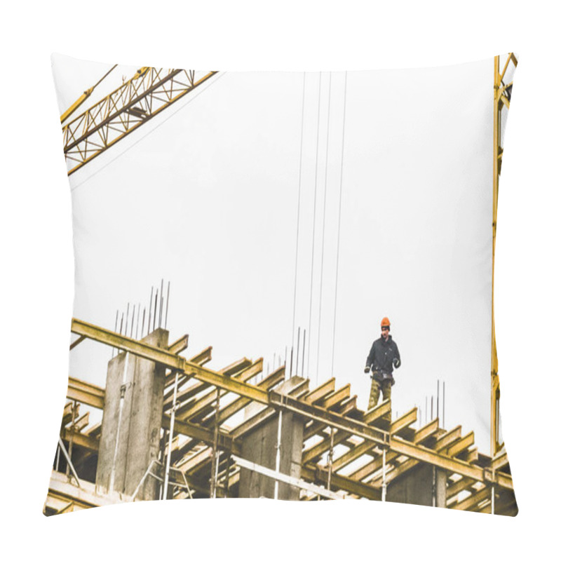 Personality  Belarus, Minsk - March 06, 2020: A Builder Stands On The Edge Of A Building Under Construction, A Dangerous Profession. Pillow Covers