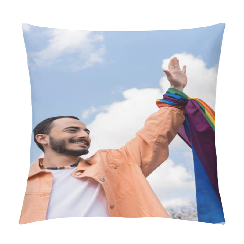 Personality  Cheerful Gay Man With Lgbt Flag Waving Hand On Urban Street, International Day Against Homophobia Pillow Covers