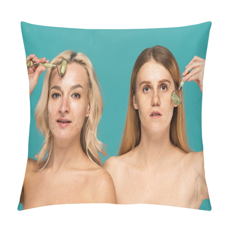 Personality  Blonde Woman With Acne And Redhead Model With Freckles Using Jade Rollers Isolated On Turquoise Pillow Covers