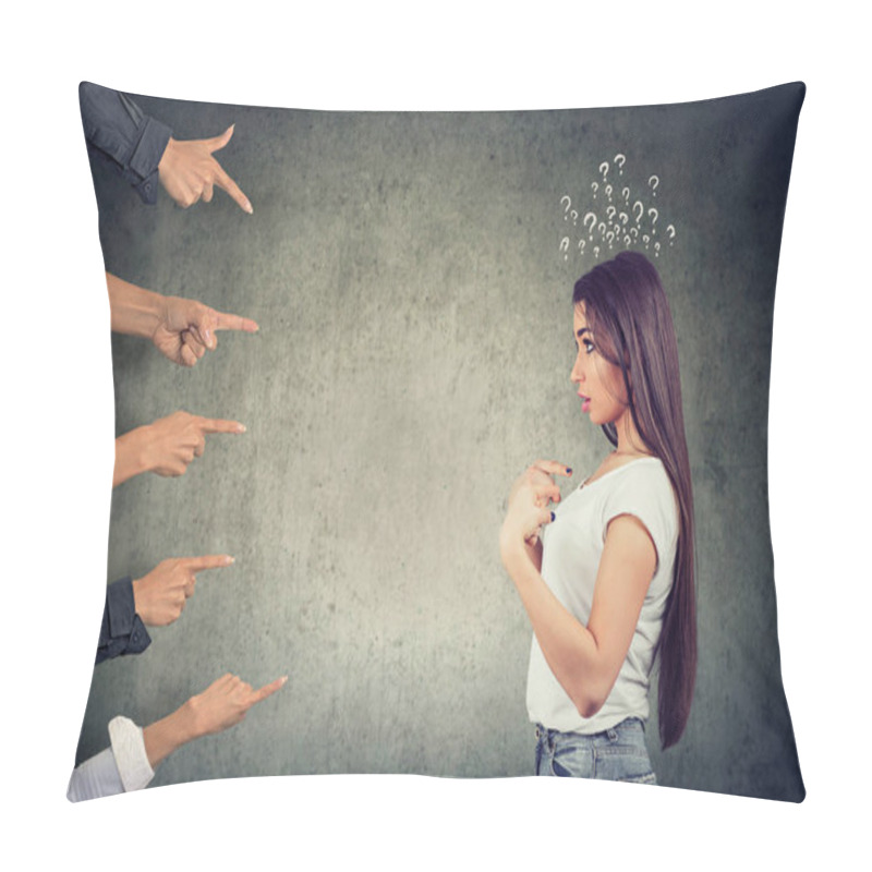 Personality  Blaming You. Anxious Surprised Woman Being Judged By Different People Pointing Fingers At Her. Negative Human Emotions Feeling Pillow Covers