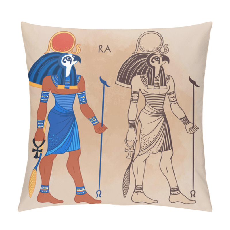 Personality  Portrait Of Ra, Egyptian God Of Sun. Most Important God In Ancient Egypt. Also Known As Amun-Ra And Ra-Horakhty. Vector Isolated Illustration. Man With The Head Of A Hawk And The Sun Disk Pillow Covers