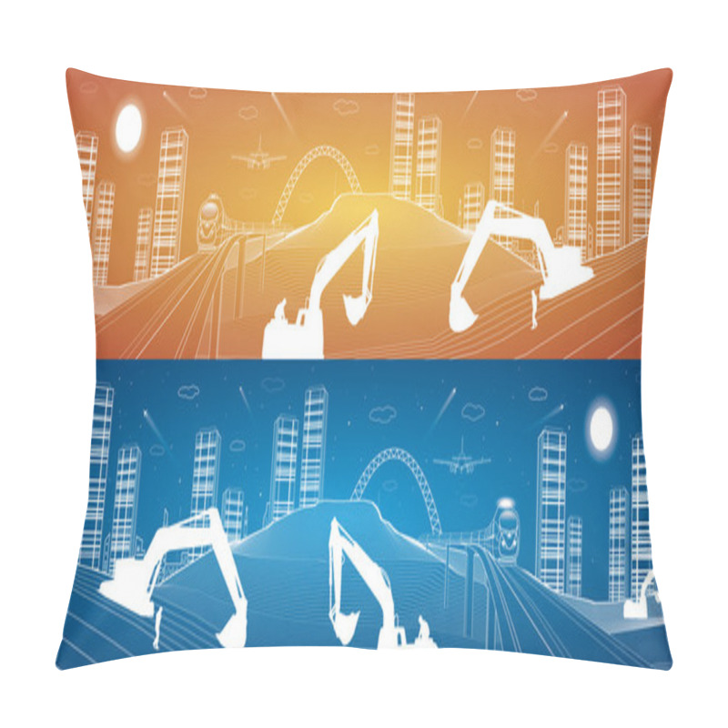 Personality  Building Scene, Train Move On The Bridge, The Mountains, Night City On The Background, Infrastructure Panoramic, Vector Design Art Pillow Covers