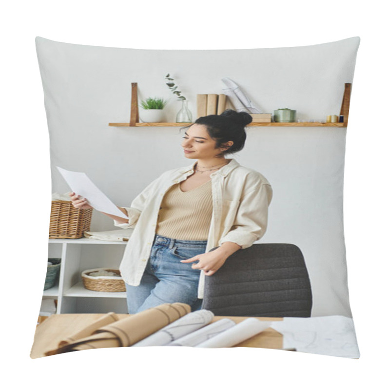 Personality  Young Woman In Casual Attire Looking At Paper For Upcycling Project. Pillow Covers