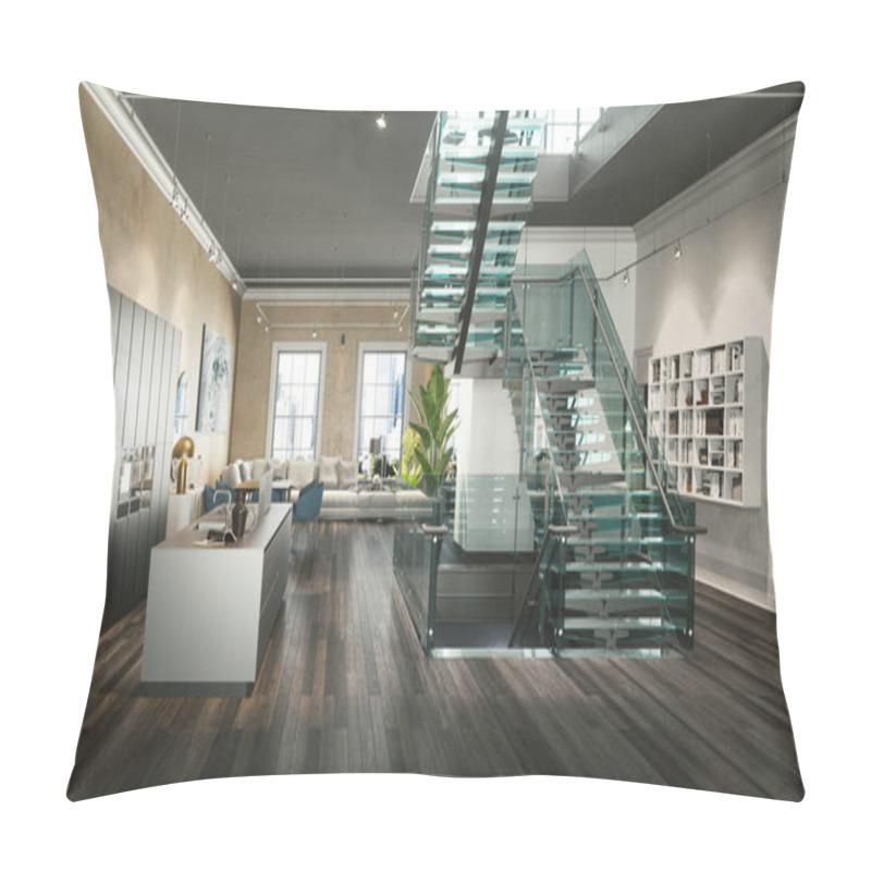 Personality  Two Level Interior With Kitchen And Stairs. 3d Illustration Pillow Covers