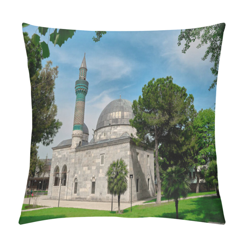 Personality  Green Mosque (yesil Camii) In Nicaea (iznik) Sunny Day In Center Of The City Groups Of Children Playing Game Near The Mosque And Public Park Covered By Many Green Plants. 29.4.2021. Bursa, Turkey.  Pillow Covers