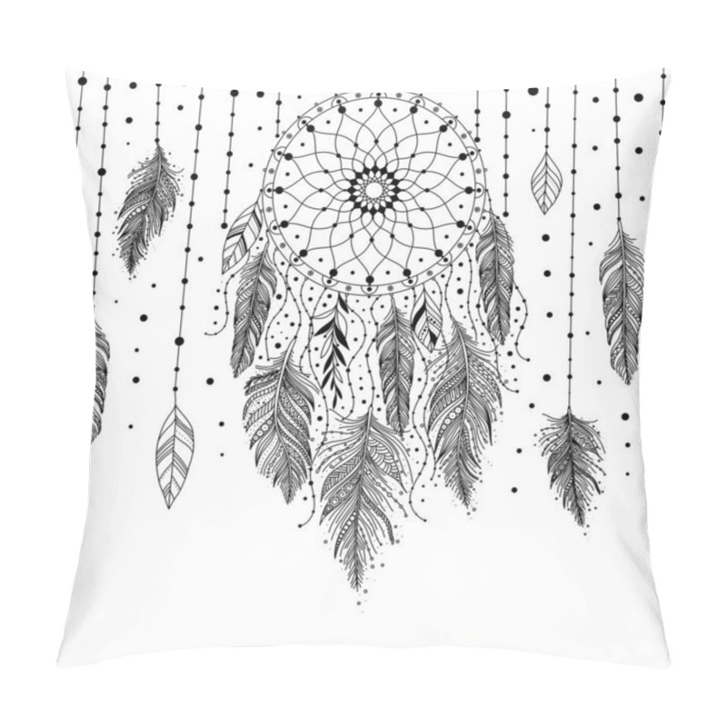 Personality  Black And White Hand Drawn Dreamcatcher With Floral Details And Feathers, Vector Illustration, Can Be Used For Coloring Book, Boho Art Design Invitation, Postcard, Tattoo. Pillow Covers