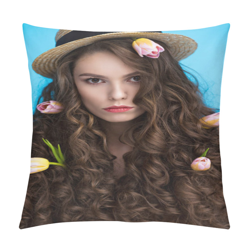 Personality  Serious Woman In Canotier Hat With Flowers In Her Long Curly Hair Looking At Camera Pillow Covers