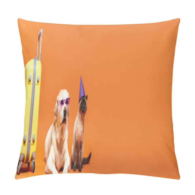 Personality  A Stylish Dog Wearing A Party Hat And Sunglasses Stands Next To A Suitcase In A Playful And Adventurous Mood. Pillow Covers