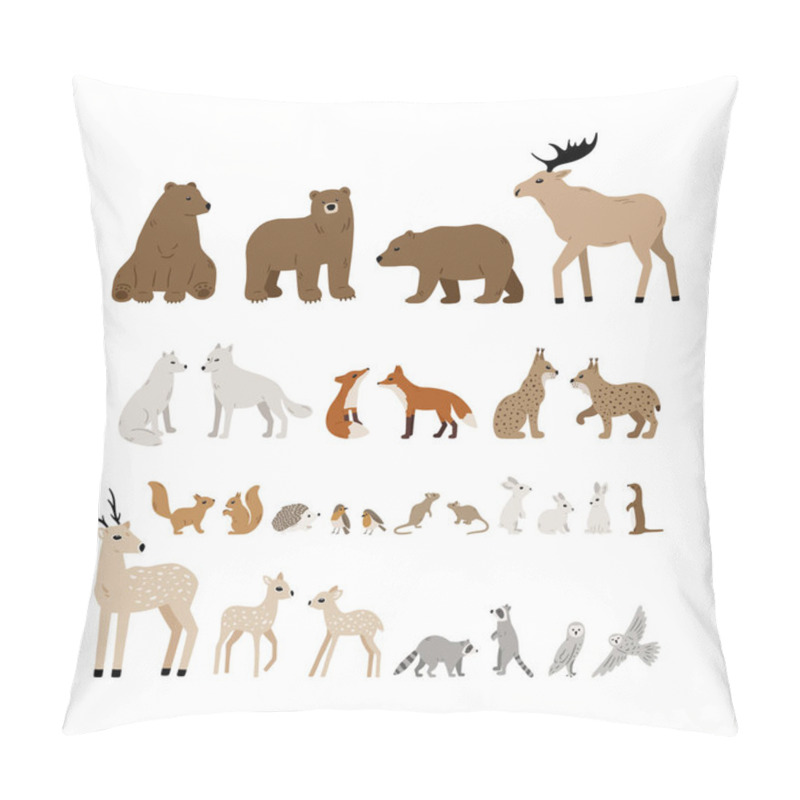 Personality  Big Vector Set Of Forest Animals: Bear, Deer, Wolf, Fox, Lynx, Squirrel, Moose, Owl, Rabbit, Raccoon. Hand Drawn Woodland Animal Collection. Cute Wild Characters. Vector Illustration Pillow Covers