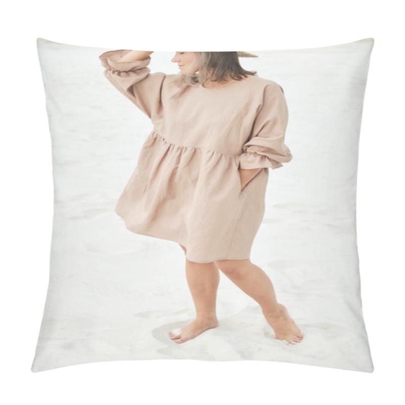 Personality  Stylish Girl In Trendy Summer Linen Dress Straw Hat Posing On The Sand. Boho Style. Pillow Covers