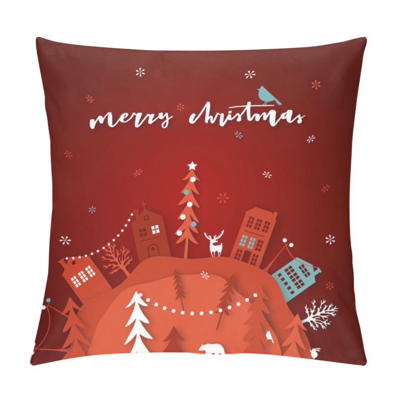 Personality  Merry Christmas Paper Cut Vector Illustration. Greeting Card With Christmas Tree And Paper Cut City. Pillow Covers