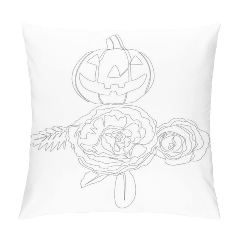 Personality  One Continuous Line Of Jack O' Lantern With Rose Flowers. Thin Line Illustration Vector Concept. Contour Drawing Creative Ideas. Pillow Covers