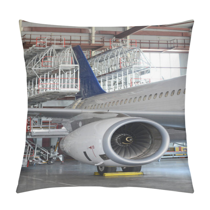 Personality  Passenger Aircraft On Maintenance Of Engine And Fuselage Repair In Airport Hangar Pillow Covers